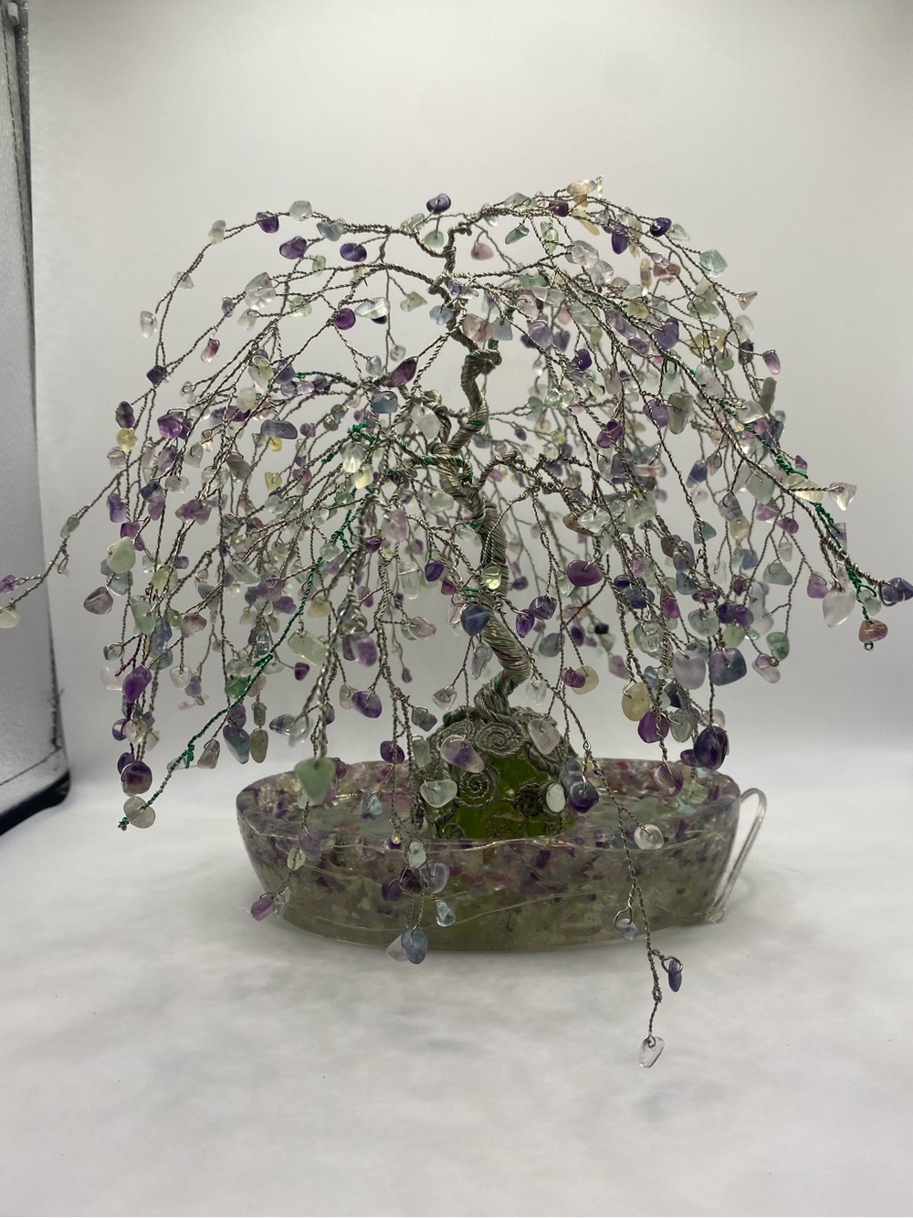 Bonsai Wire Tree Wisteria - Silver, White, Green, Purple on a lighted resin base